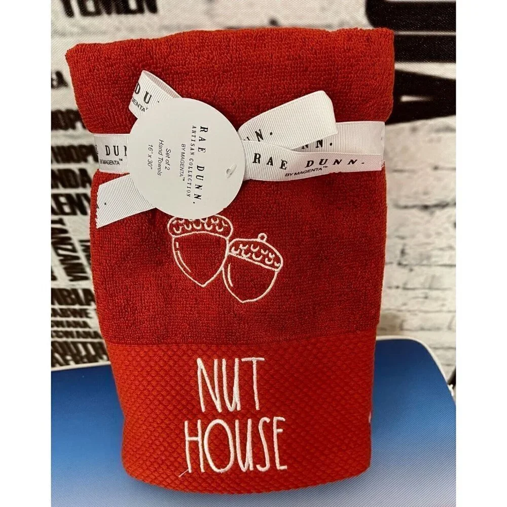 Rae Dunn 2 Pk Embroidered Burnt Orange Acorn Nut House Graphic Hand Towels